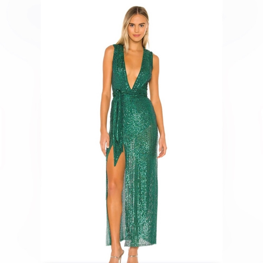 NBD Emerald Green Sequin Plunge Wrap Dress